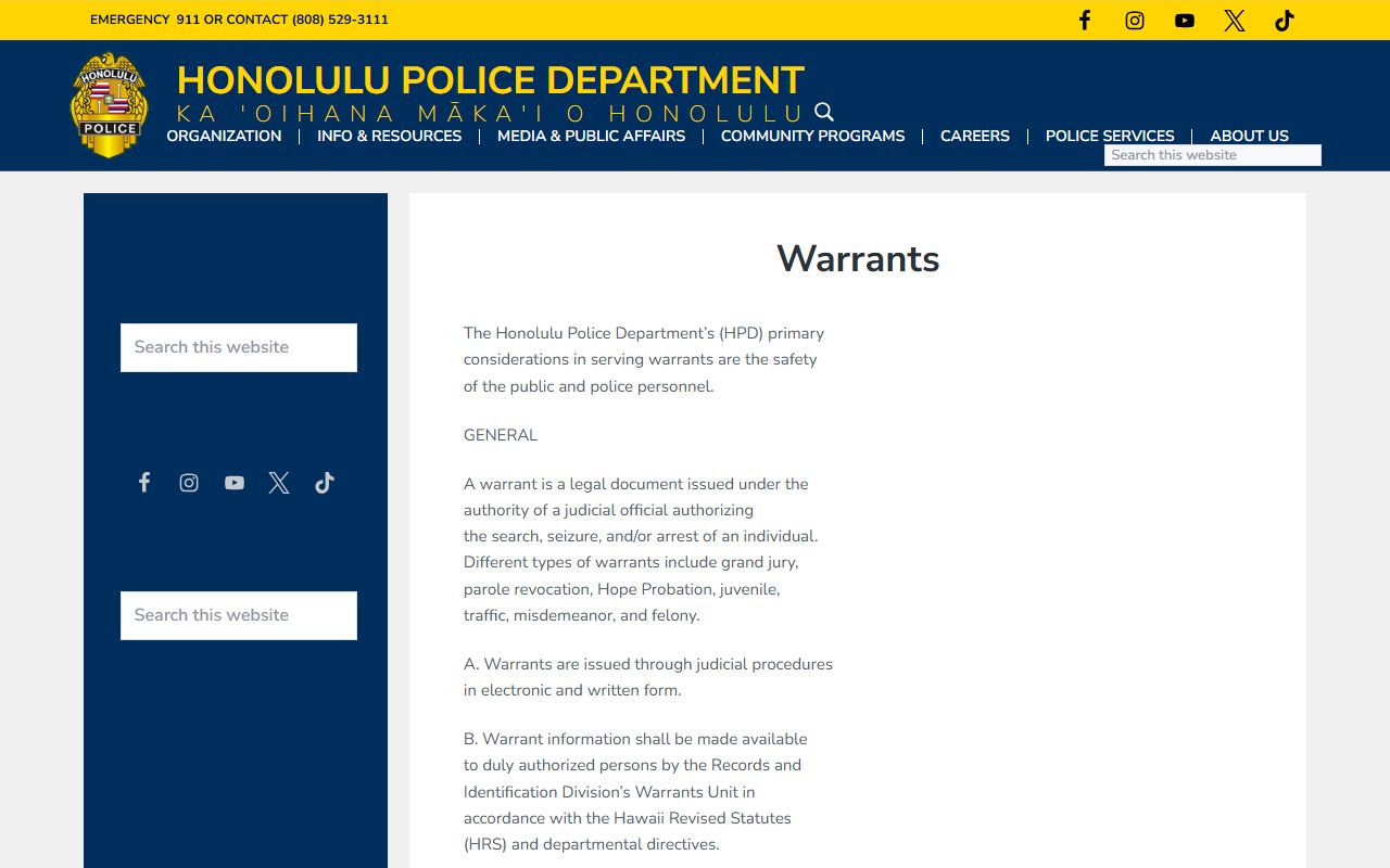 Honolulu Police Department warrants unit for First Circuit court docket warrant records