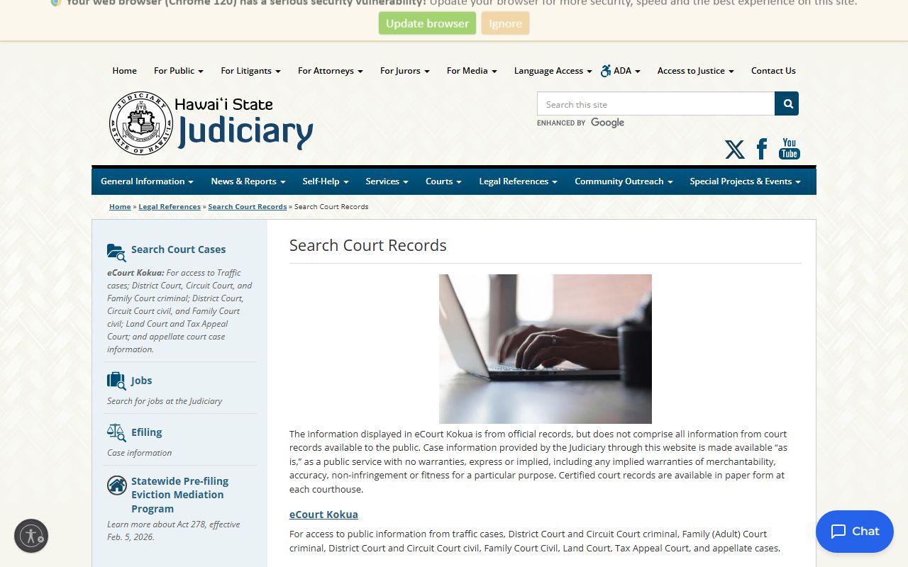 Hawaii eCourt Kokua court docket public access search portal