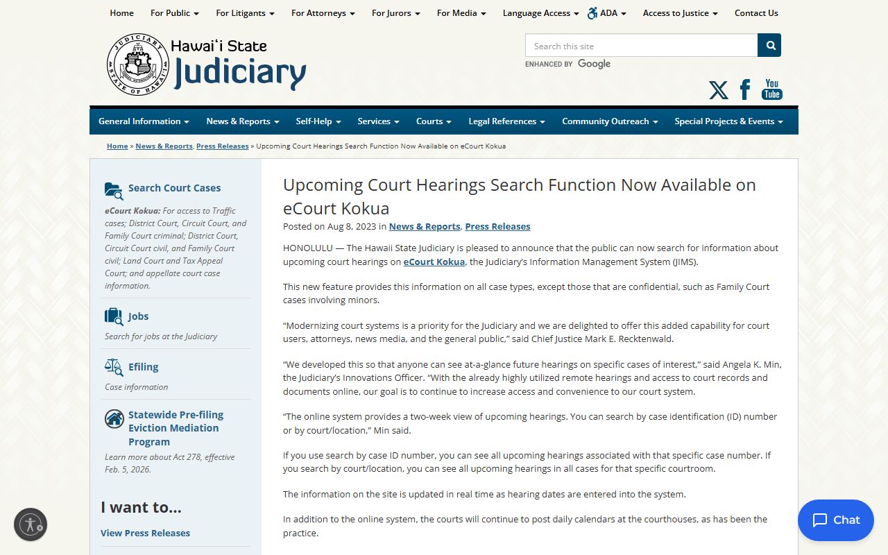 Hawaii upcoming court hearings calendar on eCourt Kokua court docket system